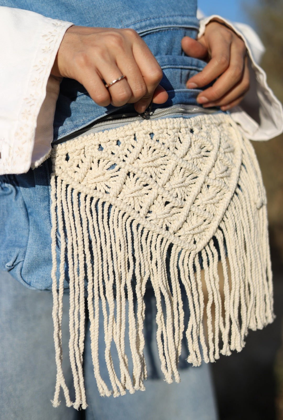 Denim macrame backpack