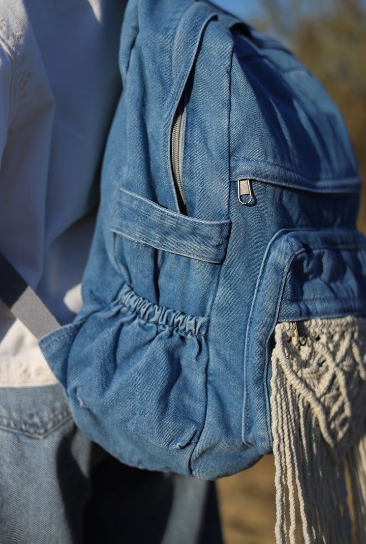 Denim macrame backpack