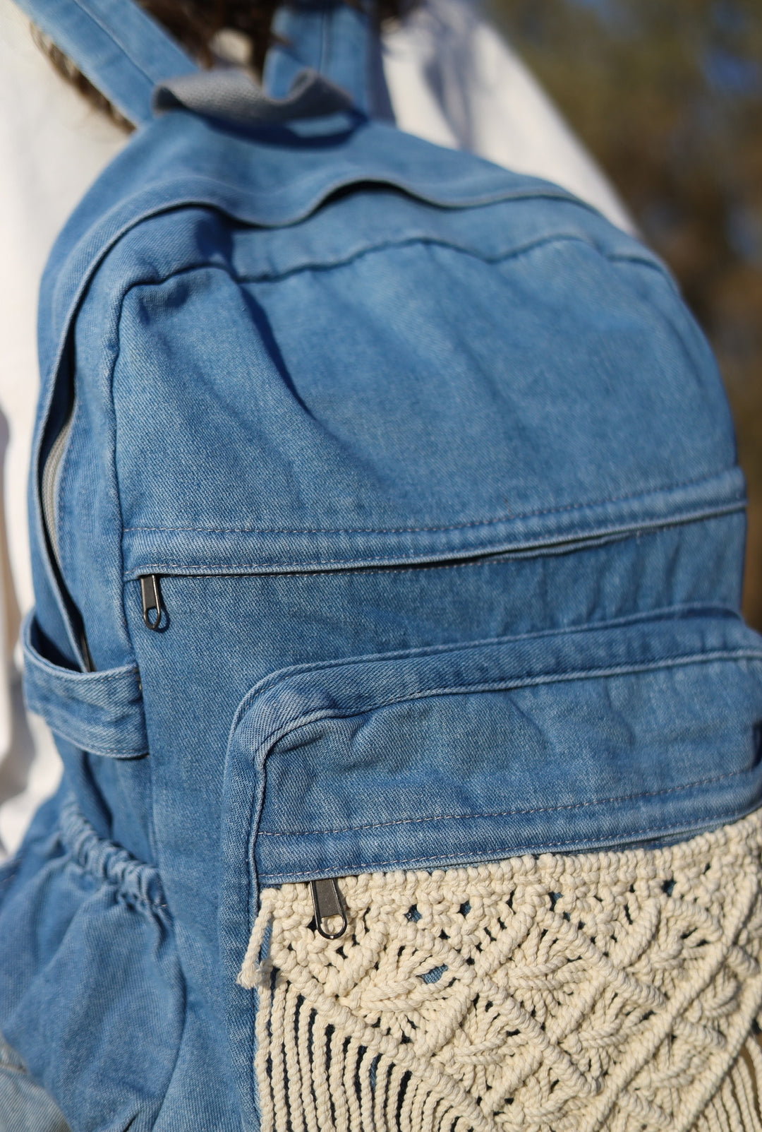 Denim macrame backpack