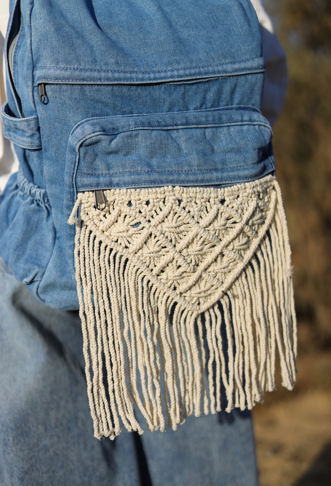 Denim macrame backpack