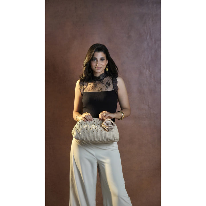 Rosette Beaded Clutch – Champagne Beige