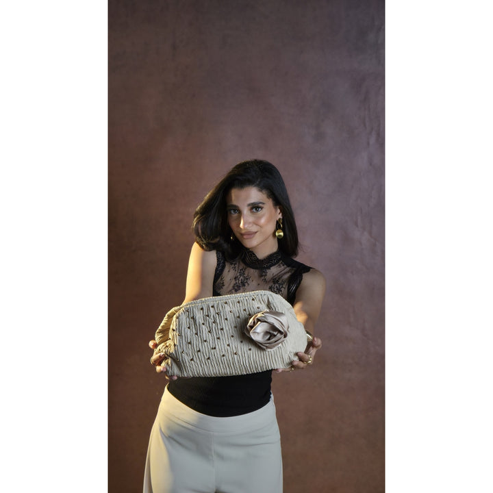 Rosette Beaded Clutch – Champagne Beige