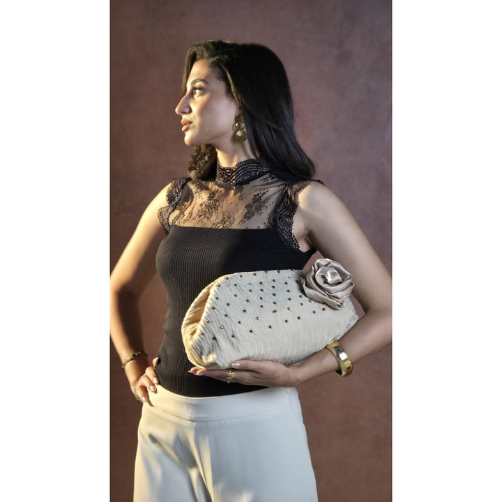 Rosette Beaded Clutch – Champagne Beige