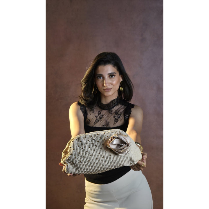 Rosette Beaded Clutch – Champagne Beige