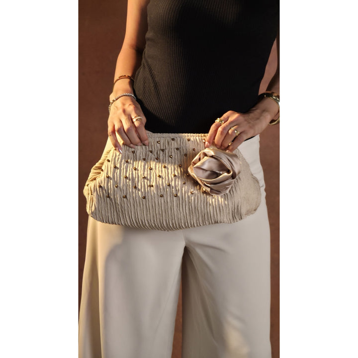 Rosette Beaded Clutch – Champagne Beige