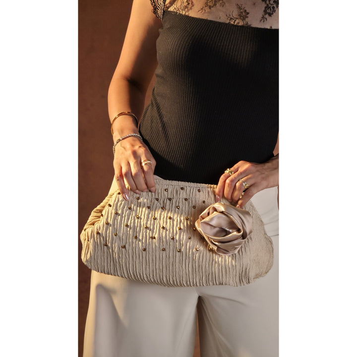 Rosette Beaded Clutch – Champagne Beige