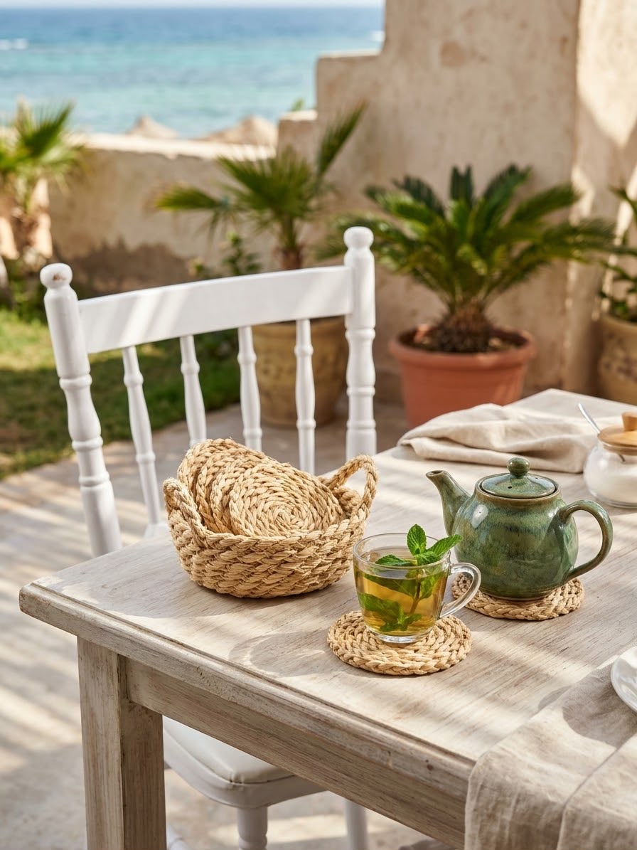 Set of 6 Wicker Coasters with Holder