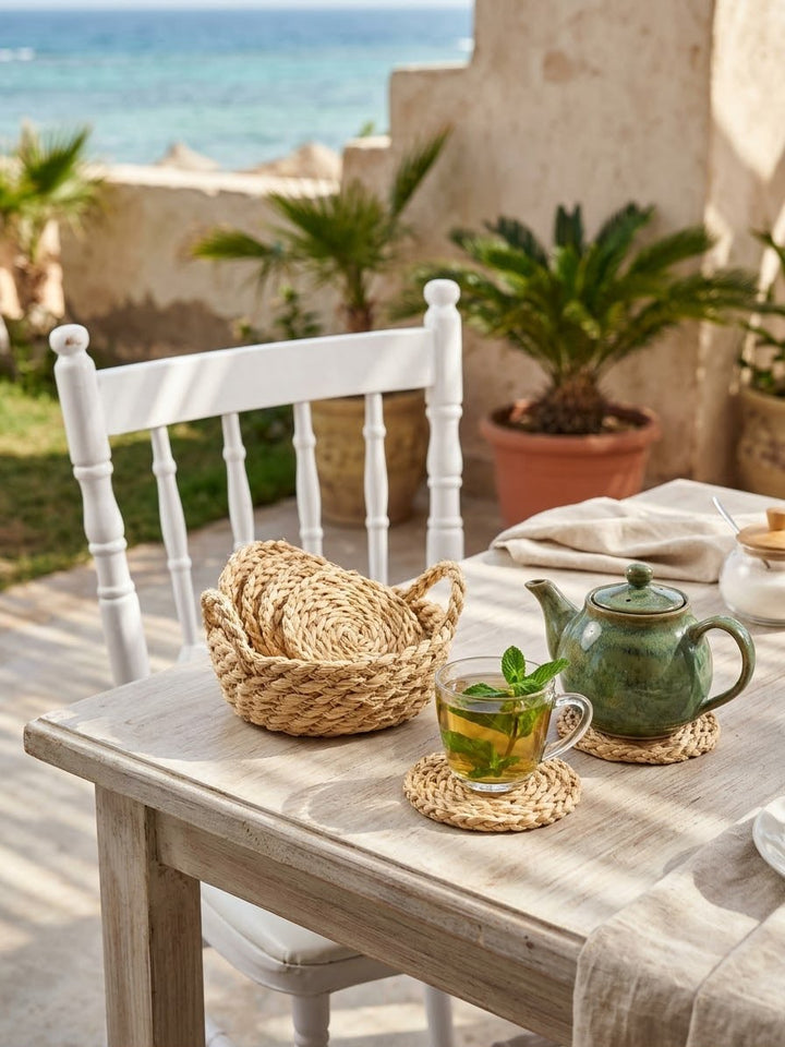 Set of 6 Wicker Coasters with Holder
