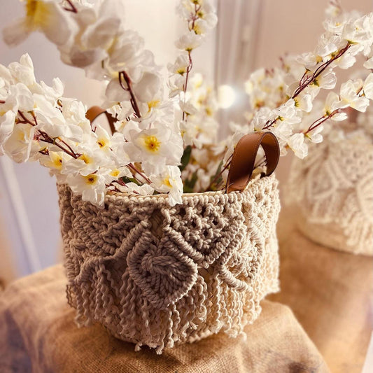 Braided Wicker Basket With Macreme With Leather Hand