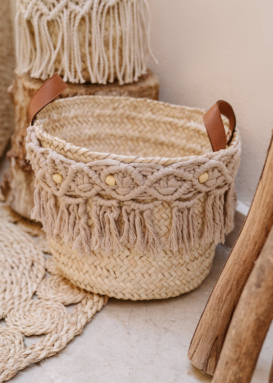 Braided Wicker Basket With Macreme With Leather Hand